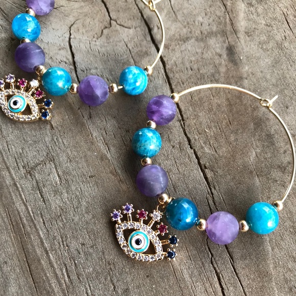Amethyst Apatite Evil Eye Gold Plated Hoop Earring - Picture 5 of 8